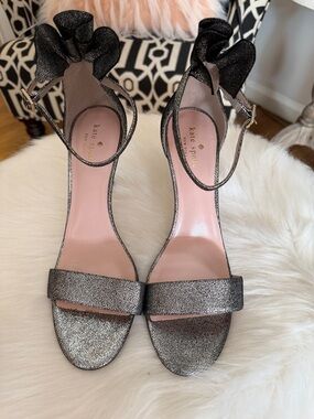 kate spade Metallic Silver Glitter Ankle-Strap Heels with Bow